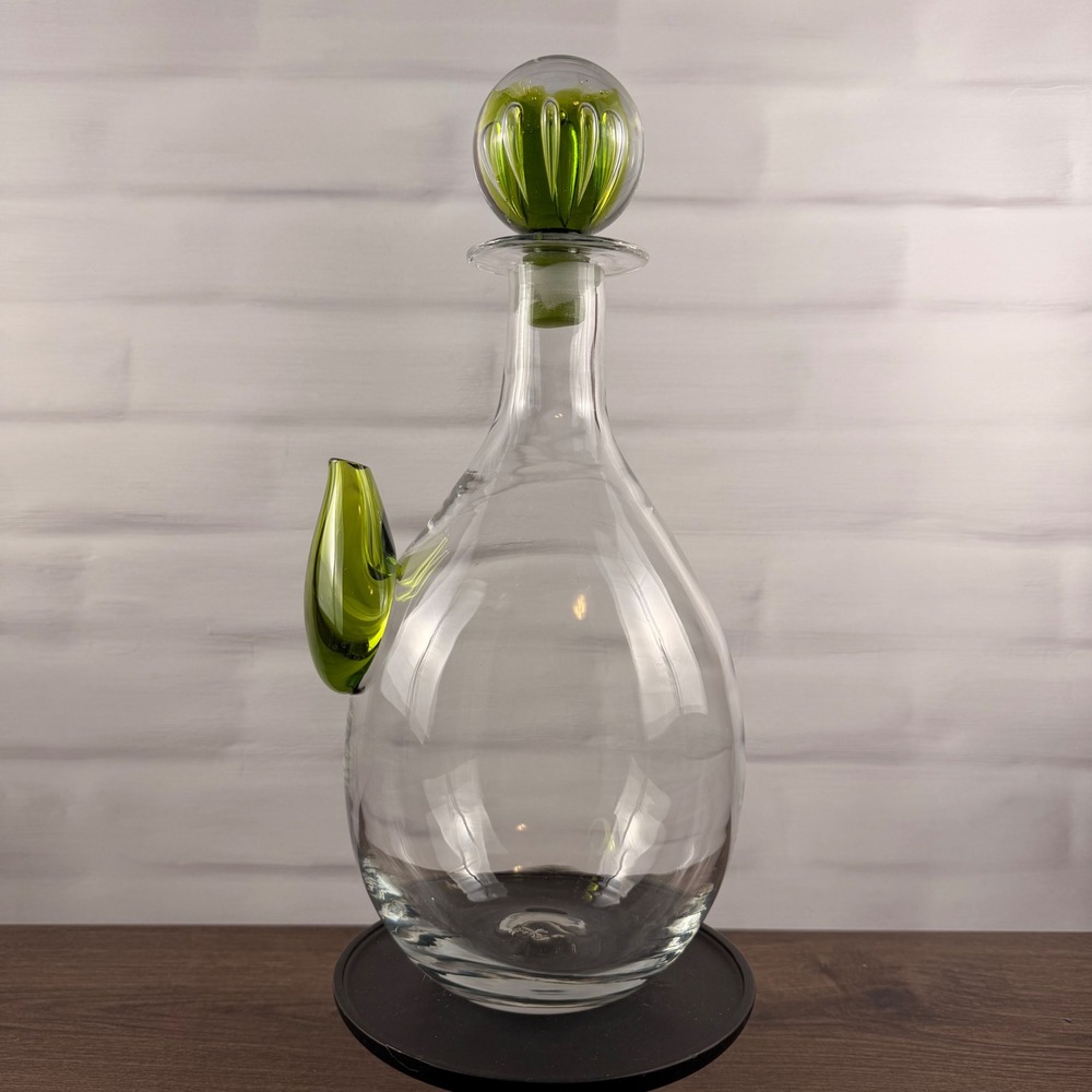 Blenko 6715 Joel Myers Glass Decanter Olive Green Spout Air Twist Stopper 1967